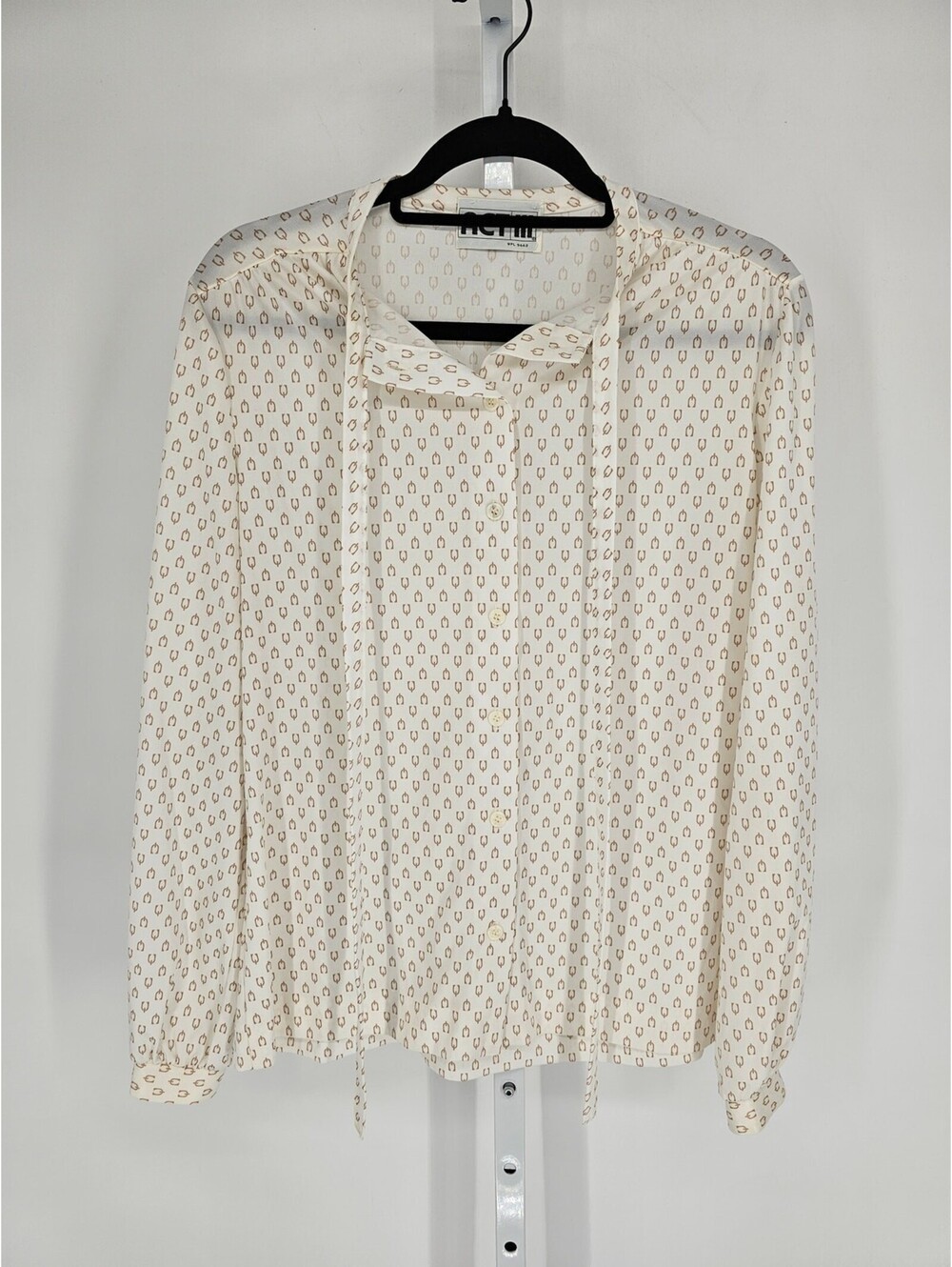 Vintage 1960s ACT III Womens Sz L Button Up Blouse Cream Beige Print